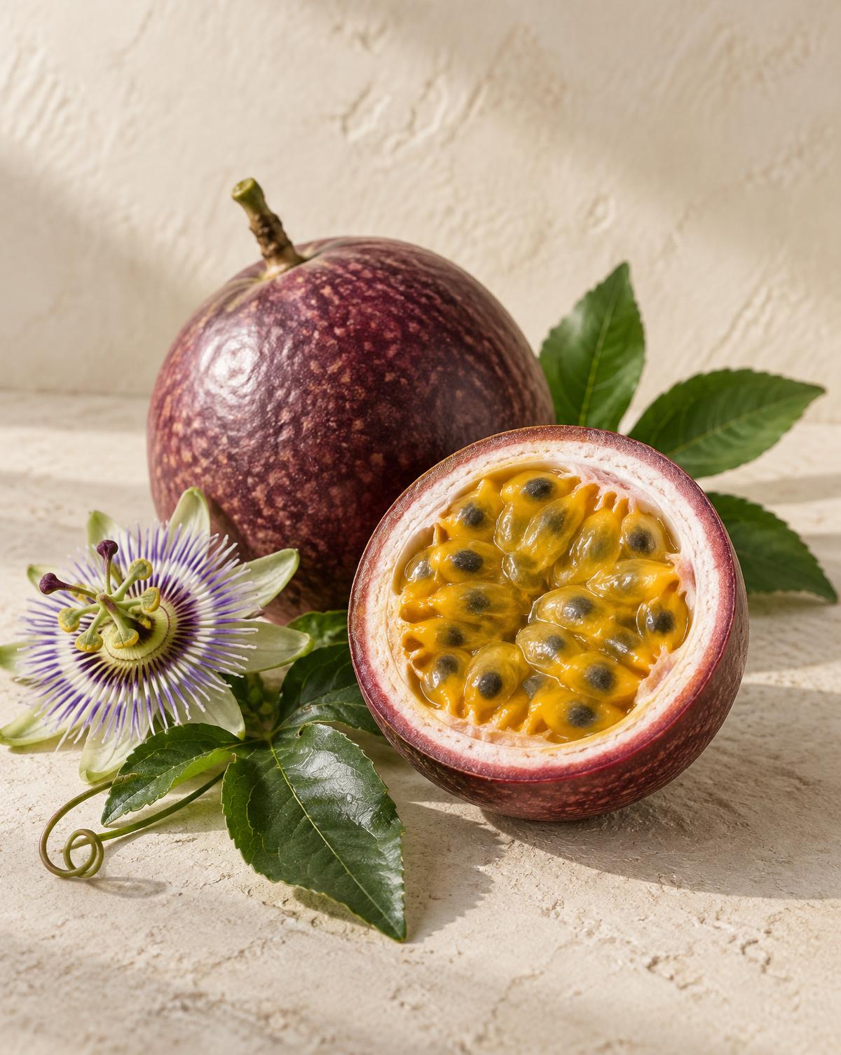 A ripe purple passionfruit, a cut fruit and its passionflower